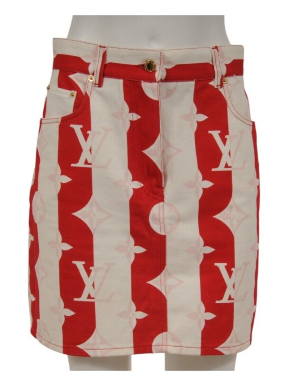 Louis Vuitton Striped Monogram Skirt Size IT 40 White Red Pink Denim Jean
